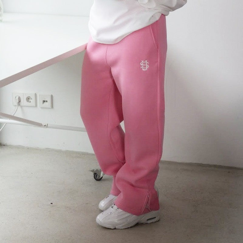 Calça de Moletom Outono com Cordão e Zíper Cor Sólida Casual High Street Hip-Hop Rap Street Estilo Y2K Cintura Alta