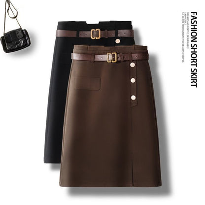 Elegant High Waist Solid Button Patchwork A-line Skirt Autumn Winter All-match Vintage Half Skirt Casual Fashion Women Clothing
