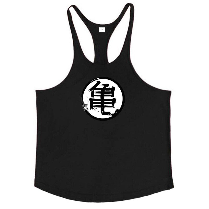 Japanese Anime Turtle Script Printed Mens Y Back Gym Clothing Cotton Fitness Tank Top Bodybuilding Muscle Stringer Singlets