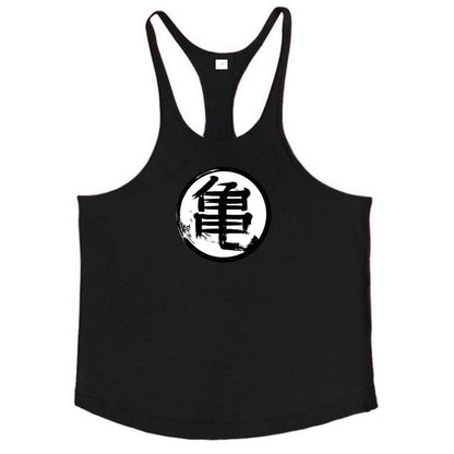 Japanese Anime Turtle Script Printed Mens Y Back Gym Clothing Cotton Fitness Tank Top Bodybuilding Muscle Stringer Singlets
