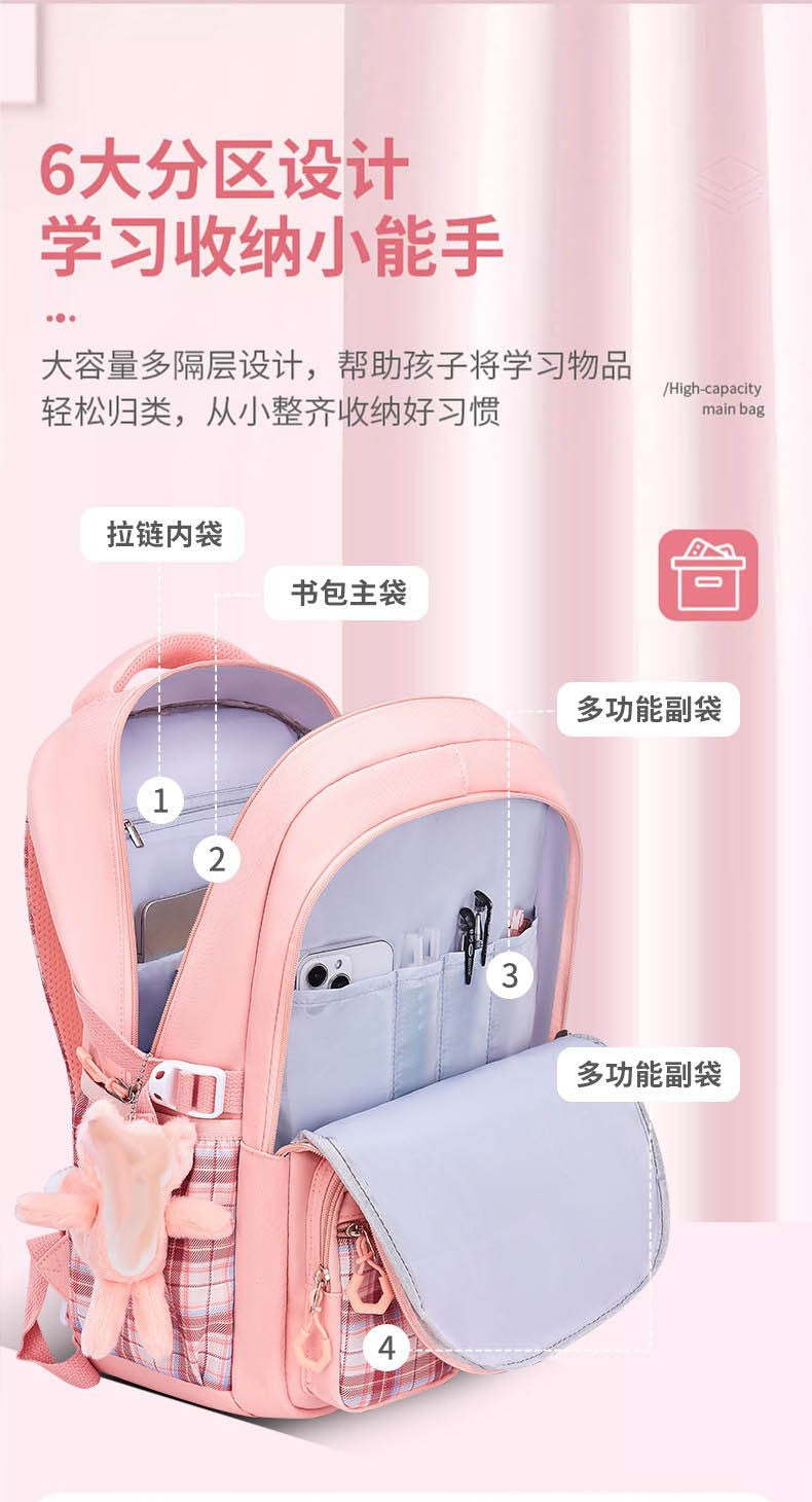 Protecting The Spine Ergonomics Elementary School Students Girls Checkered Backpack Large Capacity Lightweight Waterproof