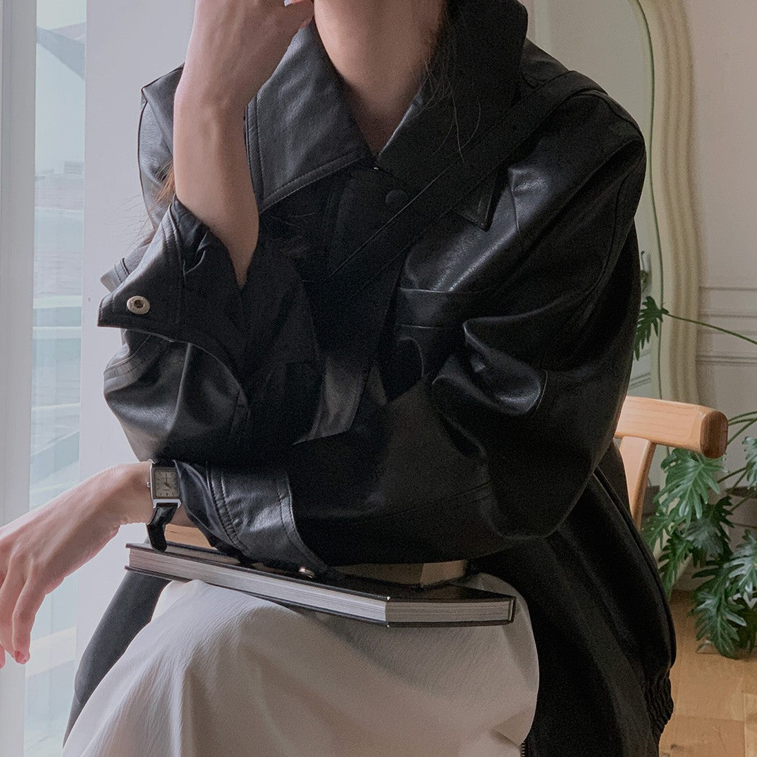 Sli Loose PU Leather Jaet Women's Chic Retro Collar Versatile BF Sle Motorcycle Clothes Trendy Long Sve Zipper