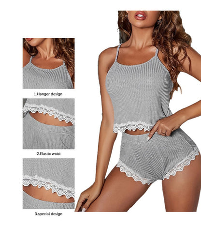 Soft Comfortable Women Sleeveless T-Shirts and Shorts Loose Home Wear Underwear Sexy Lace Pajamas Set