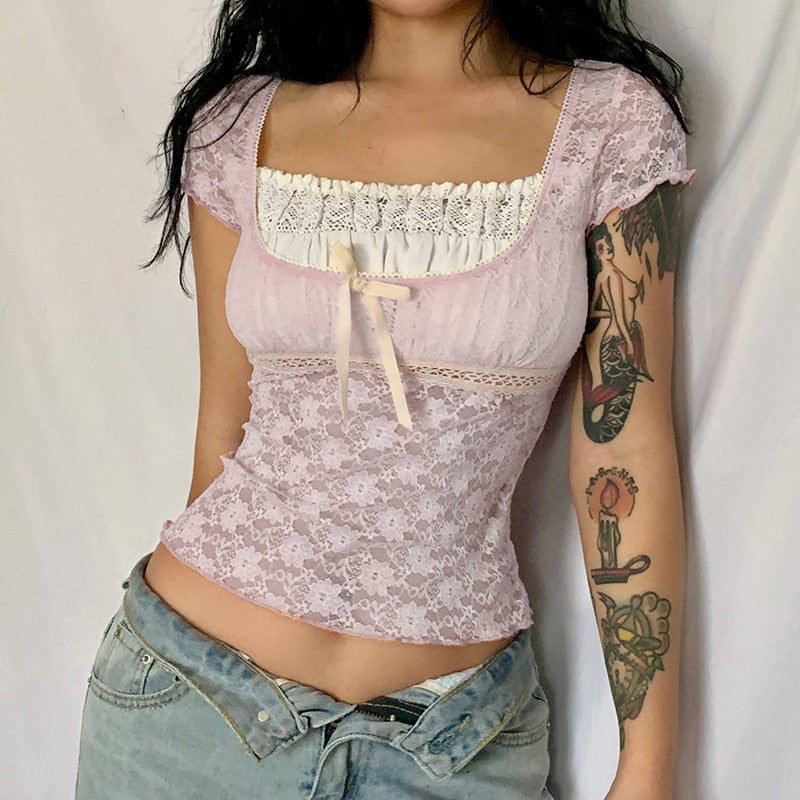 2025 New Retro Lace Tops Women y2k Gothic Sweety Shirts Short Sleeve Lace Square Neck Crop Tops and Blouses Summer Tshirt