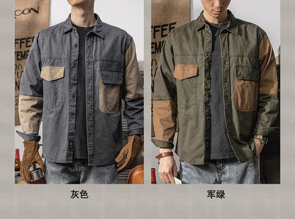 Spring and autumn new American vintage khaki loose long-sleeved shirt Japanese casual cargo shirt men's patchwork trend top