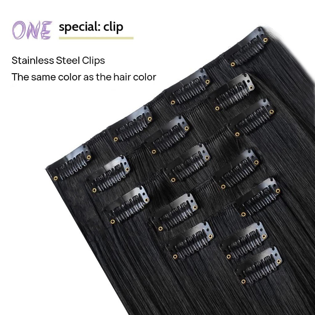 Apliques de Cabelo Preto Liso de 22 Polegadas, 130g, 7 Peças, Sintético, com Presilha