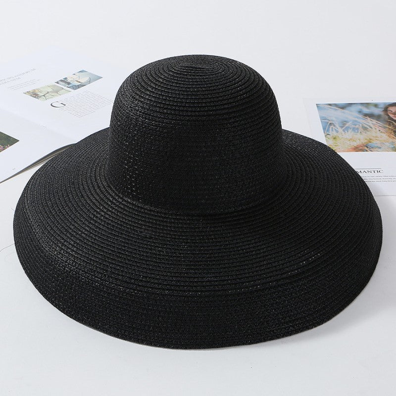 2023 New Summer Sun Hats Ladies Solid Plain Elegant Wide Brim Hat Female Round Top Panama Floppy Straw Beach Hat Women ????