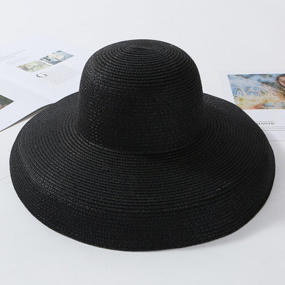2023 New Summer Sun Hats Ladies Solid Plain Elegant Wide Brim Hat Female Round Top Panama Floppy Straw Beach Hat Women ????