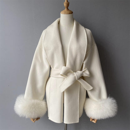 Jxwatcher Women's Wool Coat with Real Fox Fur Cuffs Ladies Elegance Belt Slim Outerwear Fall Winter High-End Wool Coats 2024 New