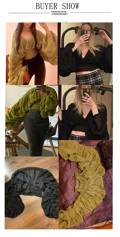Summer Sexy Draped Chiffon Blouse For Women Elegant V-Neck Puff Long Sleeve Short Tops Female Slim Party Shirts 2022 New Fashion