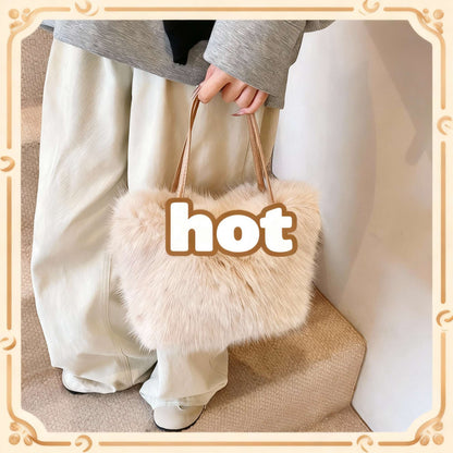 Faux Fur Tote Bag Women's Bucket Plush Light Luxury Ladies Handbags Soft Winter Crossbody Shoulder Bags