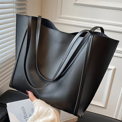 Women's Large Capacity Lightweight Tote Bag Elegant Black Synthetic Shoulder Bag, Spacious Work Travel Handbag for Everyday Use