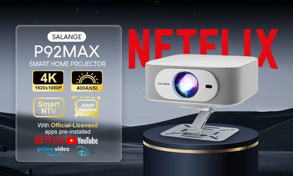 Projetor Salange Netflix P92MAX Smart Android 13 1080P BT5.2 WiFi6 12000L Foco Eletrônico Correção Trapezoidal Automática 4K Filmes Cinema Doméstico HD