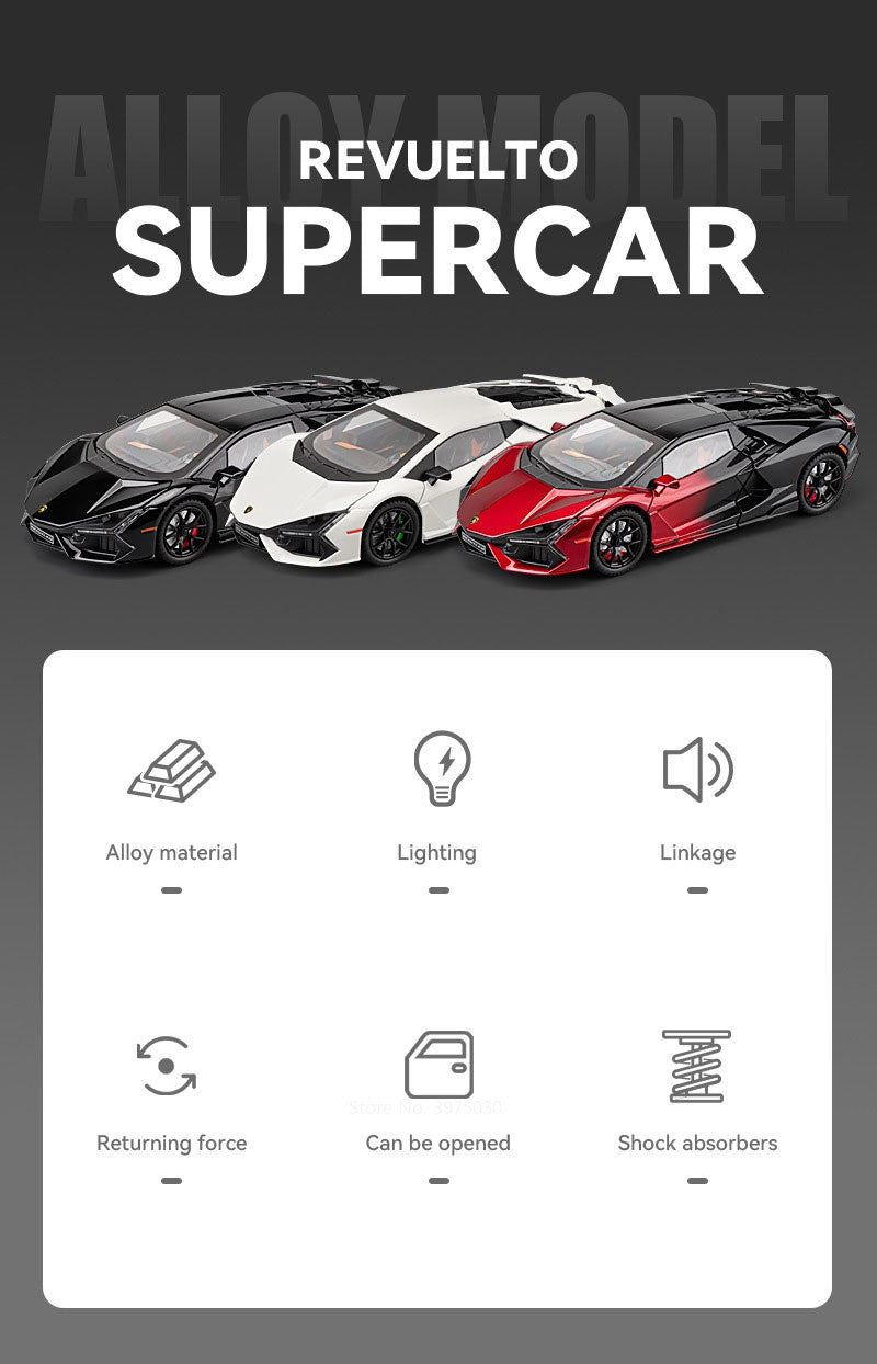 Miniaturas de carros de brinquedo Lambor Revuelto em liga fundida, escala 1:24, superesportivo com 4 portas que abrem, presente para crianças e bebês