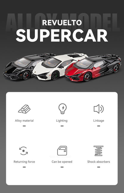 Miniaturas de carros de brinquedo Lambor Revuelto em liga fundida, escala 1:24, superesportivo com 4 portas que abrem, presente para crianças e bebês