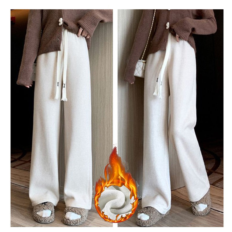 Winter Lady High Waisted Fleece Pants Girls Warm Thermal Straight Leg Trousers Female Classic Solid Drawstring Pants