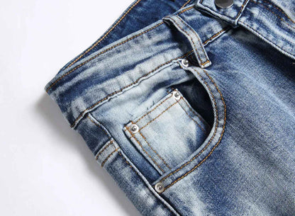 Blue Eyed Snake Embroidery Street Style Jeans For Teenagers Elastic Waist Cotton Material Casual Scene Suitable