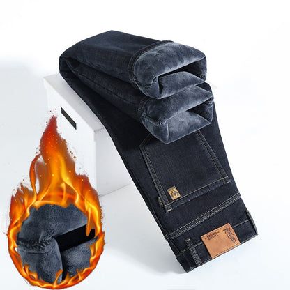 28-40 Large Size Winter Men Plush Thick Fleece Trouser Lambswool Thermal Jeans Casual Pants Windproof Warm Cotton Denim Pants