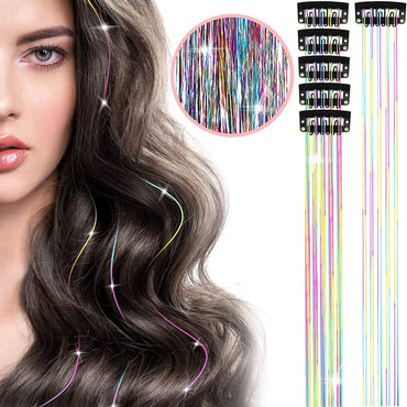6Pcs 50cm Sparking Shiny Hair Tinsel Hair Extensions Tinsel Synthetic Hair Clip  Extensions Women for Braiding Headdress