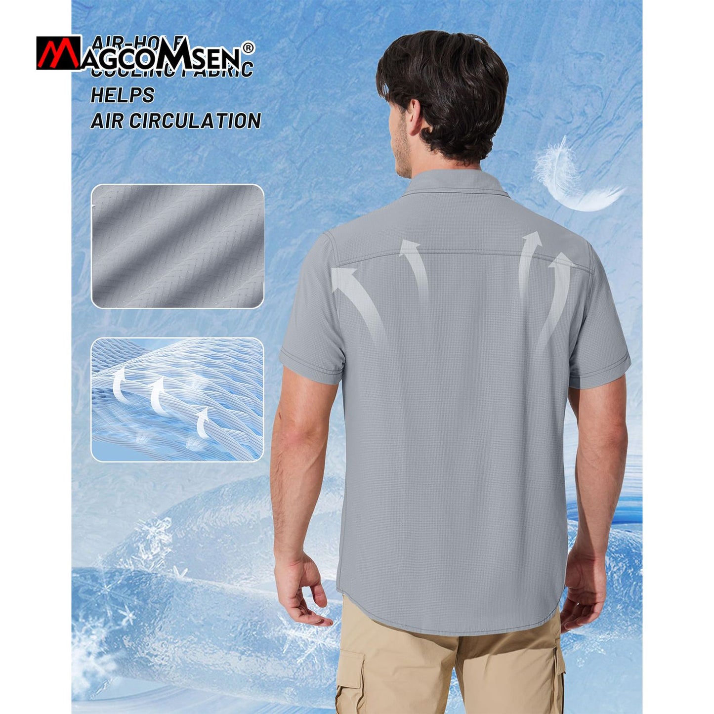 MAGCOMSEN Mesh Breathable Shirt Men's Quick Dry Button Short Sleeves UPF 50+ Sun Protection Hiking Fishing Work Cargo Shirts
