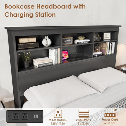 Queen Size Bed Frame with Bookcase Headboard, 2-Tier Storage Queen Platform Bed with Charging Station, No Box Spring