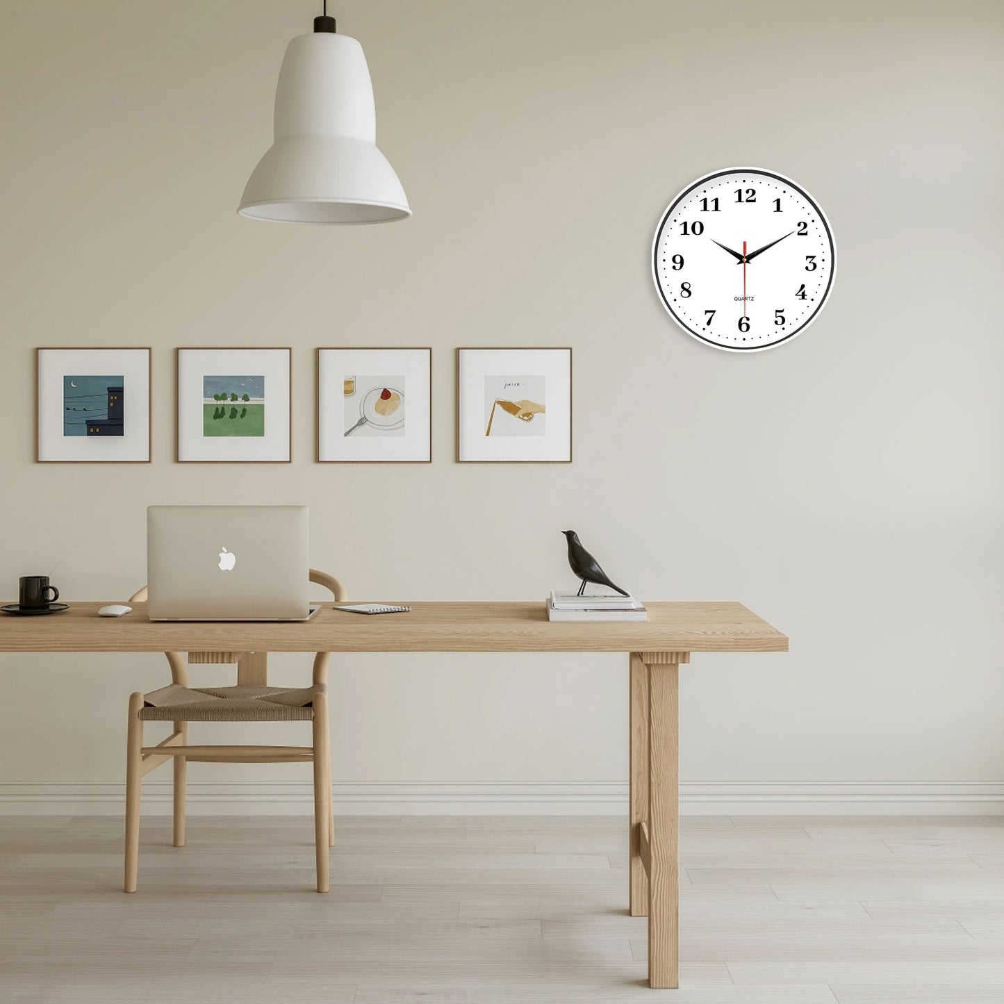An 8-inch silent wall clock, modern white wall clock with simple design, battery operated quartz clock, adorns the family living
