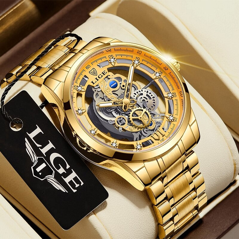 LIGE New Men Watch Skeleton Quartz Wristwatch Gold Skeleton Retro Man Watch Top Brand Luxury Clock Mens Watches Reloj Hombre