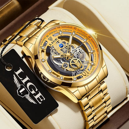 LIGE New Men Watch Skeleton Quartz Wristwatch Gold Skeleton Retro Man Watch Top Brand Luxury Clock Mens Watches Reloj Hombre