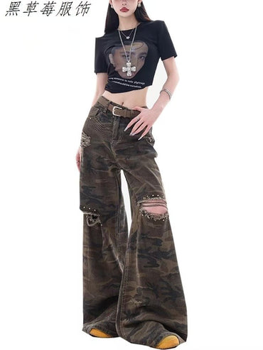 Y2K Red Gothic Hip-Hop Hole Vintage Jeans Girl High Street Trend American Baggy Wash Overall Belt Splicing Woman Wide-leg Pants