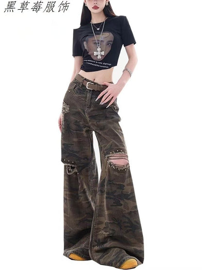 Y2K Red Gothic Hip-Hop Hole Vintage Jeans Girl High Street Trend American Baggy Wash Overall Belt Splicing Woman Wide-leg Pants