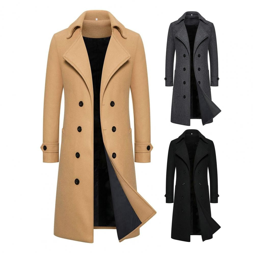 Men Overcoat Double-breasted Slim Fit Mid Length Long Sleeve Thick Windproof Warm Soft Cardigan Buttons Lapel Men Long Coat