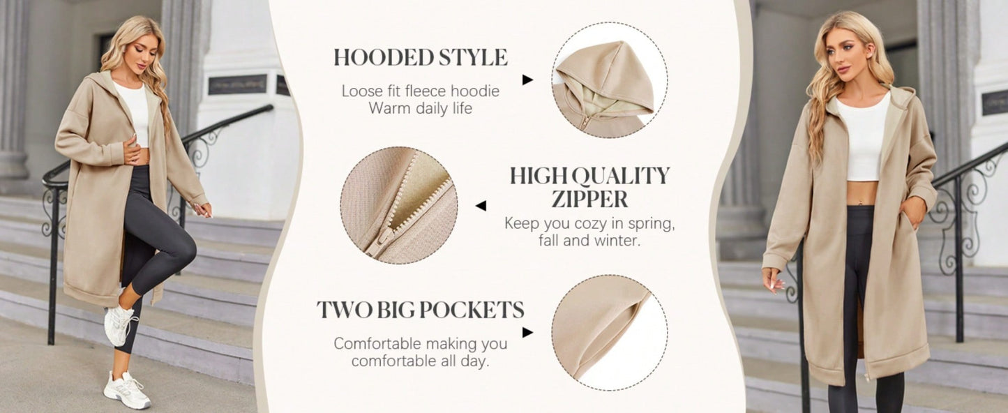 Fisoew lined Winter Coat Women Zip Up Hoodie Warm Long Tunic Sweatshirt With Pockets Outdoor Streetwear Jacket