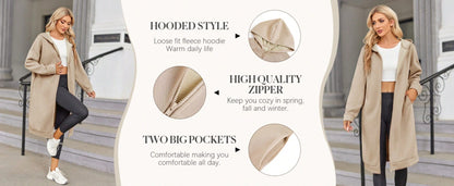 Fisoew lined Winter Coat Women Zip Up Hoodie Warm Long Tunic Sweatshirt With Pockets Outdoor Streetwear Jacket