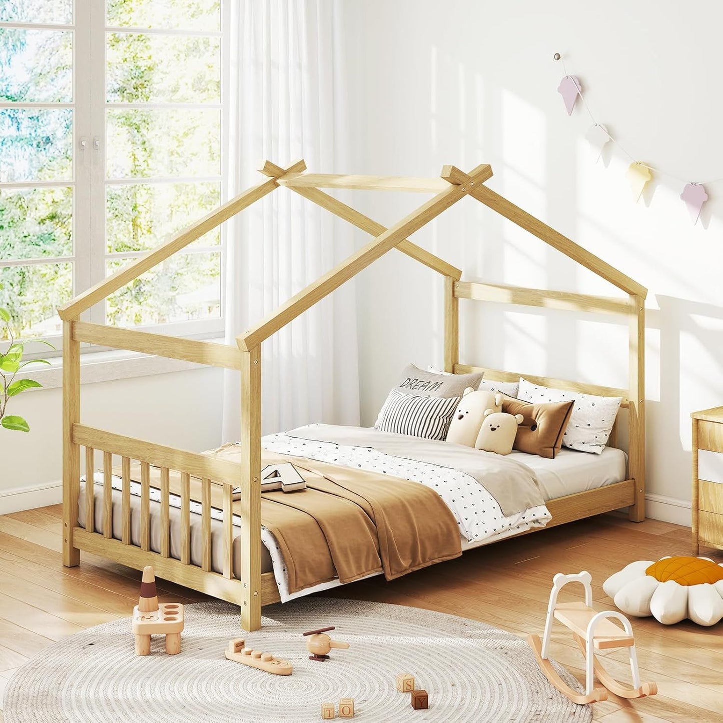 Cama de chão "Twin" com cabeceira e peseira, estrutura de cama de madeira com telhado para meninos e meninas, sem necessidade de box spring,