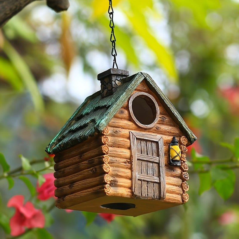 Casa de Pássaro Rústica para Jardim, Resina ABS Durável com Telhado de Madeira. Ideal para Observação de Pássaros e Decoração Externa. Não Precisa de Bateria.