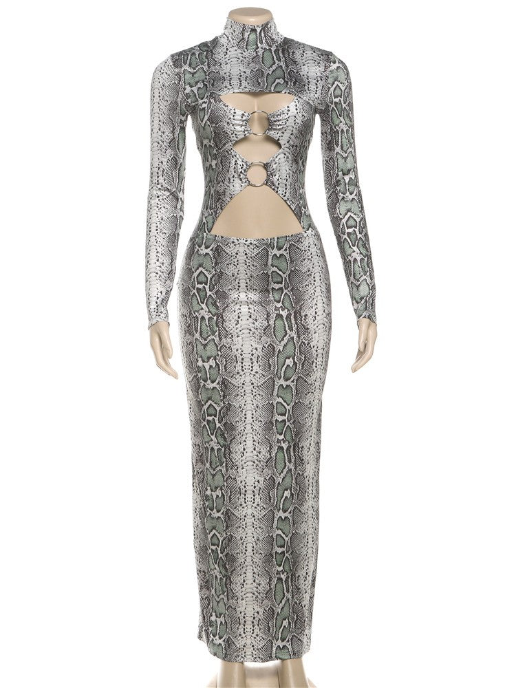 Weird Puss Sexy Snakeskin Maxi Dress Women Chest Hollow Metal Ring Turtleneck Peach Hip Hipster Street Stretch Skinny Bodycon