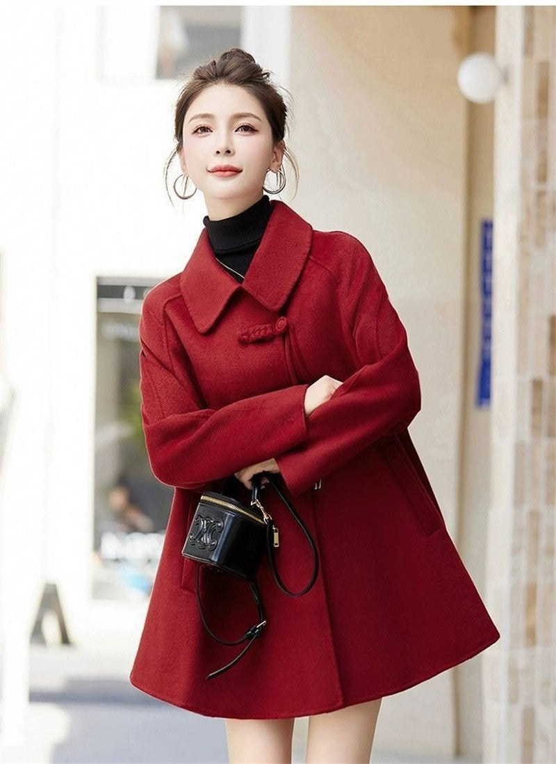 High Quality Woolen Coat Women 2025 Autumn Winter New Cloak Long Wool Jacket Chinese Retro Buckle Ladies Overwear Korean Outcoat