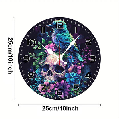 Evil Skull Wooden Round Silent Hanging Wall Clock, Suitable For Living Room, Office, Study Room, Bedroom, Home Decoration