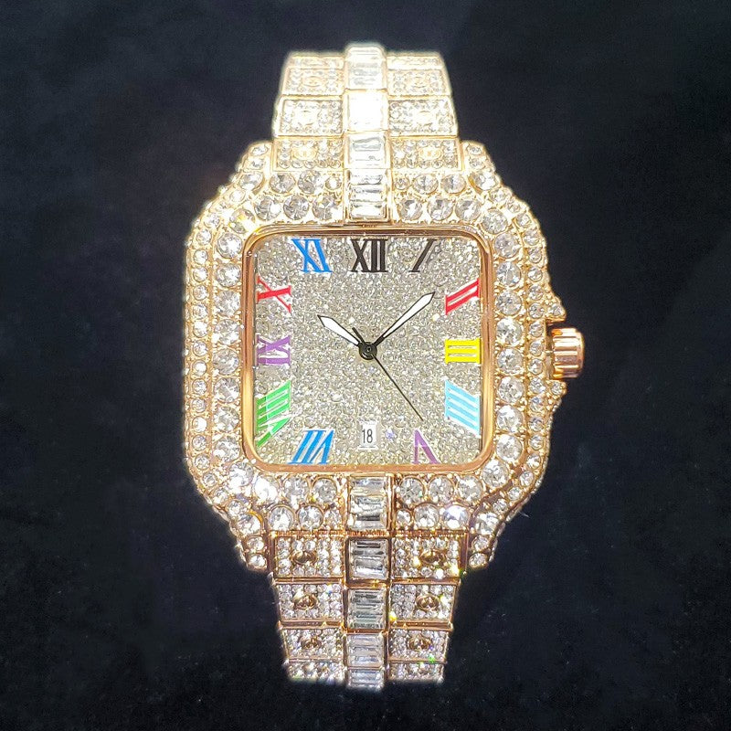 2025 New Luxury Diamond Watch Men Fashion Iced Out Square Colorful Number Watches Hip Hop Bling Jewelry Reloj Hombre for Party