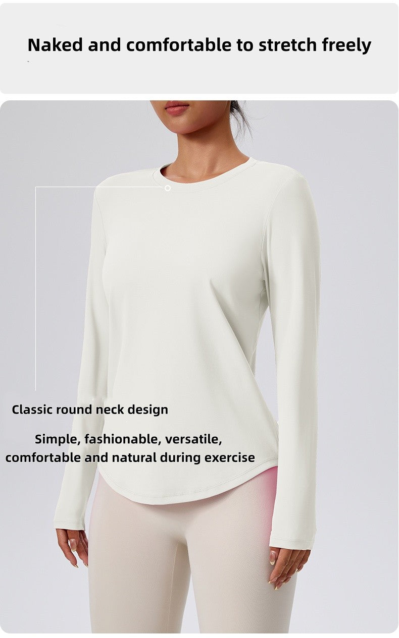 Naked Spring and Autumn Round Neck Fitness Yoga Clothing, Slimming and Slimming Base, Sports Top, Pilates Long Sleeve, Female