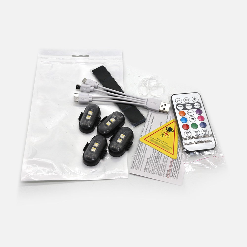 4 luzes estroboscópicas de LED coloridas sem fio com controle remoto, luzes de LED com carregamento USB, 8 cores, luzes de advertência anticolisão