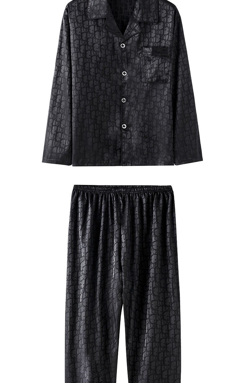 Plus Size Men's Pajama Suit Long Sleeve Silk Jacquard Pattern Premium Black Suit Lapel Top Long Pants Sleepwear Loungewear