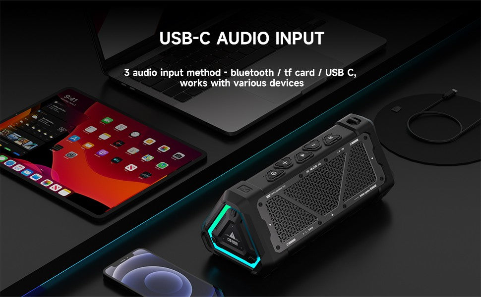 Caixa de som Bluetooth MLOVE P3 para ambientes externos, potência de saída de 40W, Bluetooth 5.3, som estéreo, à prova d'água IPX7, cartão Micro SD, luz RGB
