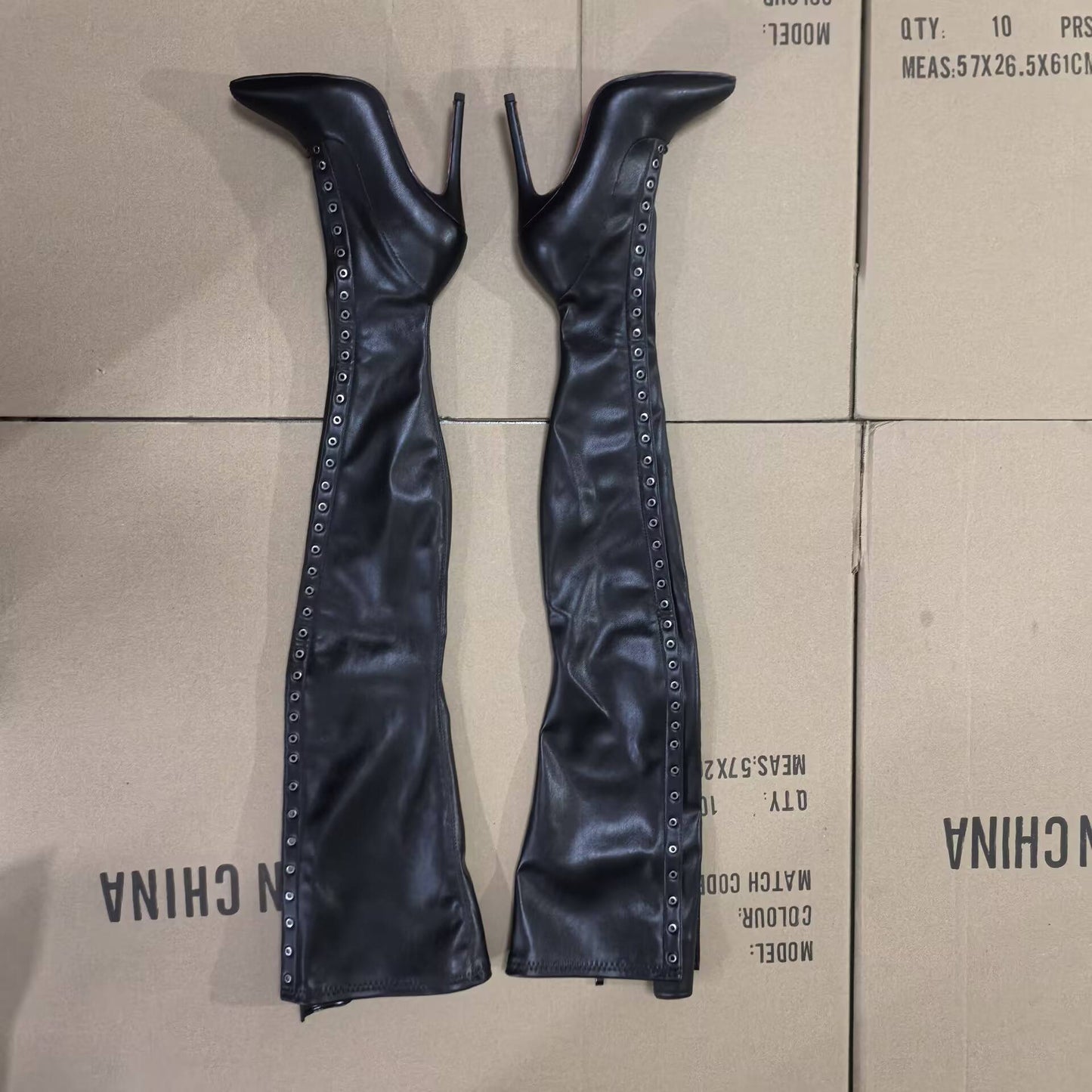 13CM Thin Heel Black Lace-up Over the knee Boots Woman Fetish Pointy Toe Boots Elastic Leather Thigh High Sexy Women Party Shoes