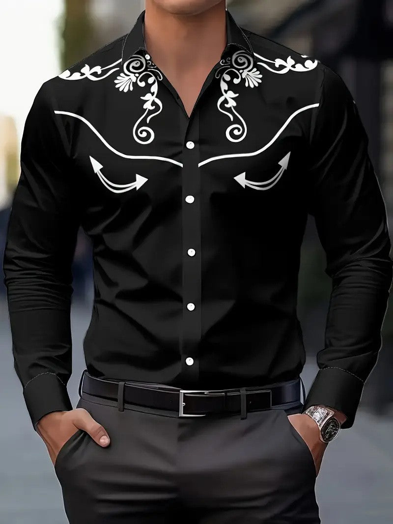 Men's Digital Dot Grid 3D Striped Printed Shirt Casual Breathable Flap Button Shirt Men's Formal Long Sleeve Shirt