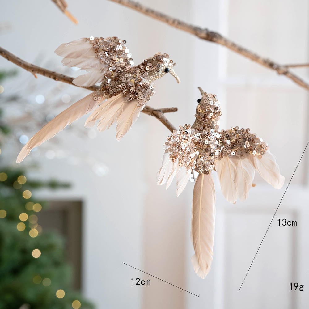 1PC Gold/Silver Artificial Hummingbird Pendant With Feather Glitter Bird Christmas Tree Ornament 2026 New Year Decorations