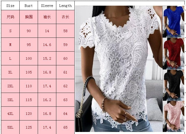 Women Lace Blouse Tops Summer V Neck Short Sleeve Lace Patchwork OL Blouse Shirts LRFZ-9911