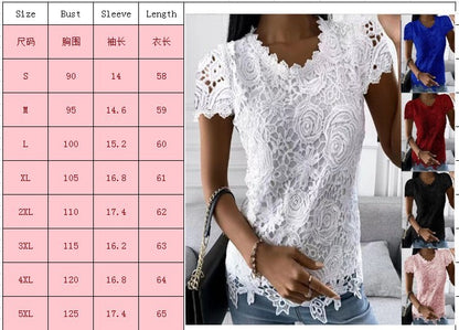 Women Lace Blouse Tops Summer V Neck Short Sleeve Lace Patchwork OL Blouse Shirts LRFZ-9911