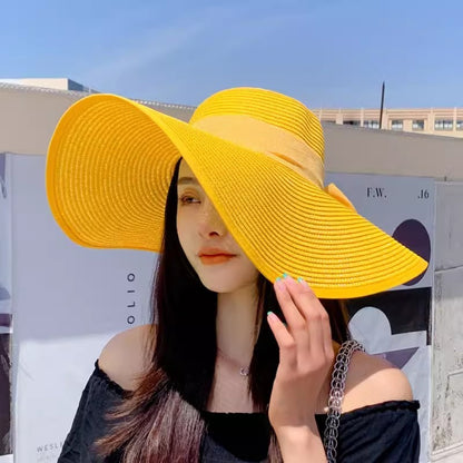 Chapéu de sol de palha feminino, estilo coreano, aba grande, à prova de sol, chapéu de férias dobrável, para praia e ar livre.  ????  ??