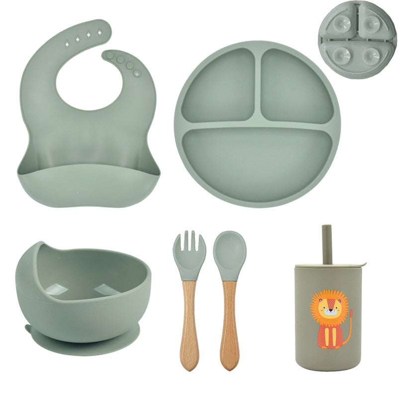 5P Baby Silicone Tableware Set Lid Divided Plate With Suction Bowls Straw Cup Wood Spoon Fork for Toddler Feeding Training Plate
